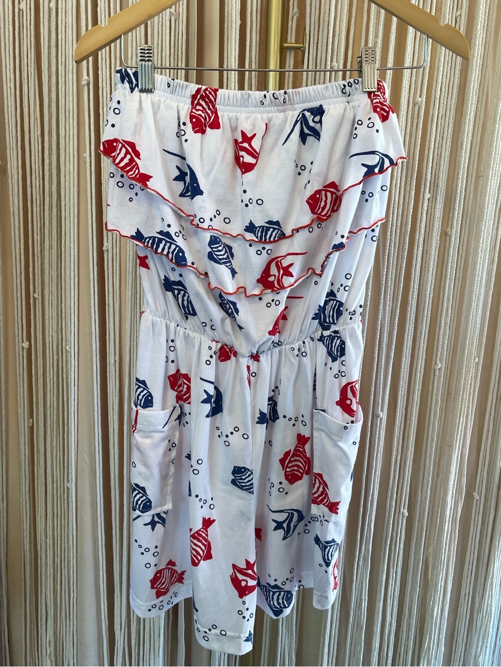 Strapless white romper with red & blue nautical fish print & ruffled neckline - Picture 5 of 10